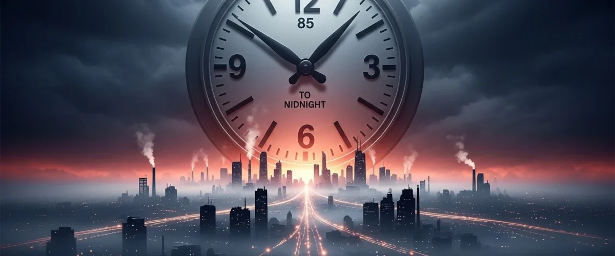 Relógio do Juízo Final marcando 85 segundos para a meia-noite em 2026