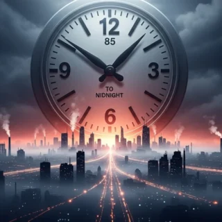 Relógio do Juízo Final marcando 85 segundos para a meia-noite em 2026
