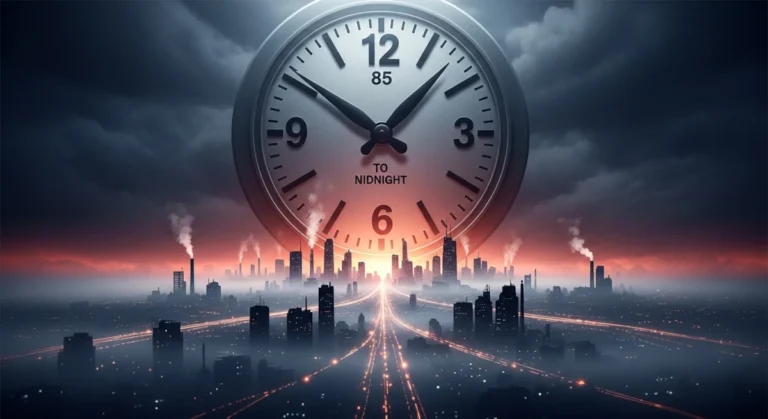 A Contagem que Nunca Termina: Como o Relógio do Apocalipse Transformou o Medo em Mercadoria 6 Relógio do Juízo Final marcando 85 segundos para a meia-noite em 2026