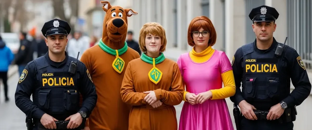 Policiais fantasiados de Scooby-Doo, Salsicha e Velma durante operação em bloco de Carnaval em São Paulo