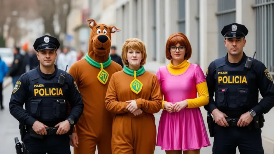 Policiais fantasiados de Scooby-Doo, Salsicha e Velma durante operação em bloco de Carnaval em São Paulo