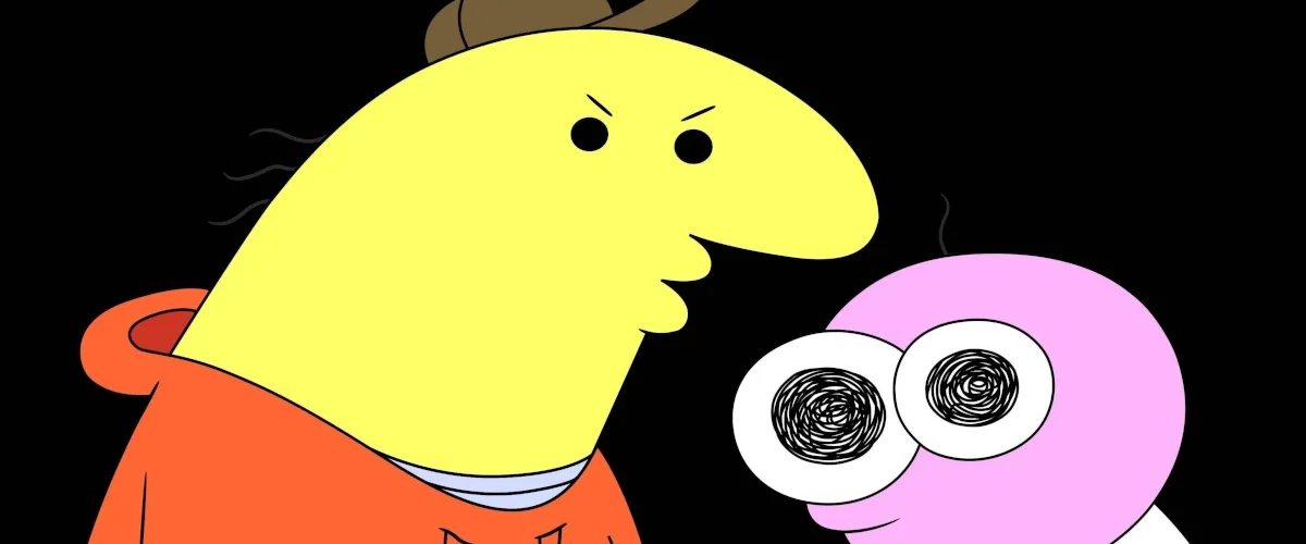 Pim e Charlie em Smiling Friends com expressão desconfortável, simbolizando a solidão da felicidade digital