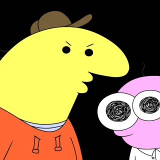 Pim e Charlie em Smiling Friends com expressão desconfortável, simbolizando a solidão da felicidade digital