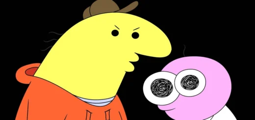 Pim e Charlie em Smiling Friends com expressão desconfortável, simbolizando a solidão da felicidade digital