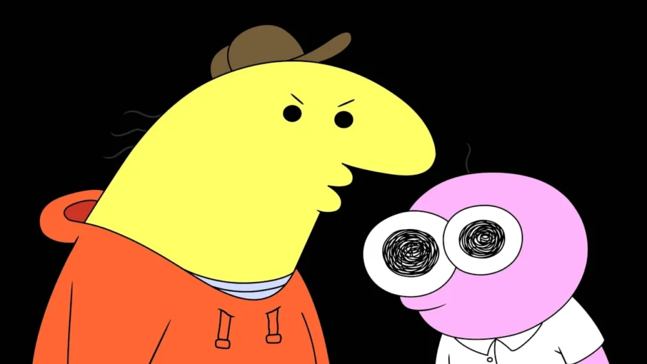 Pim e Charlie em Smiling Friends com expressão desconfortável, simbolizando a solidão da felicidade digital