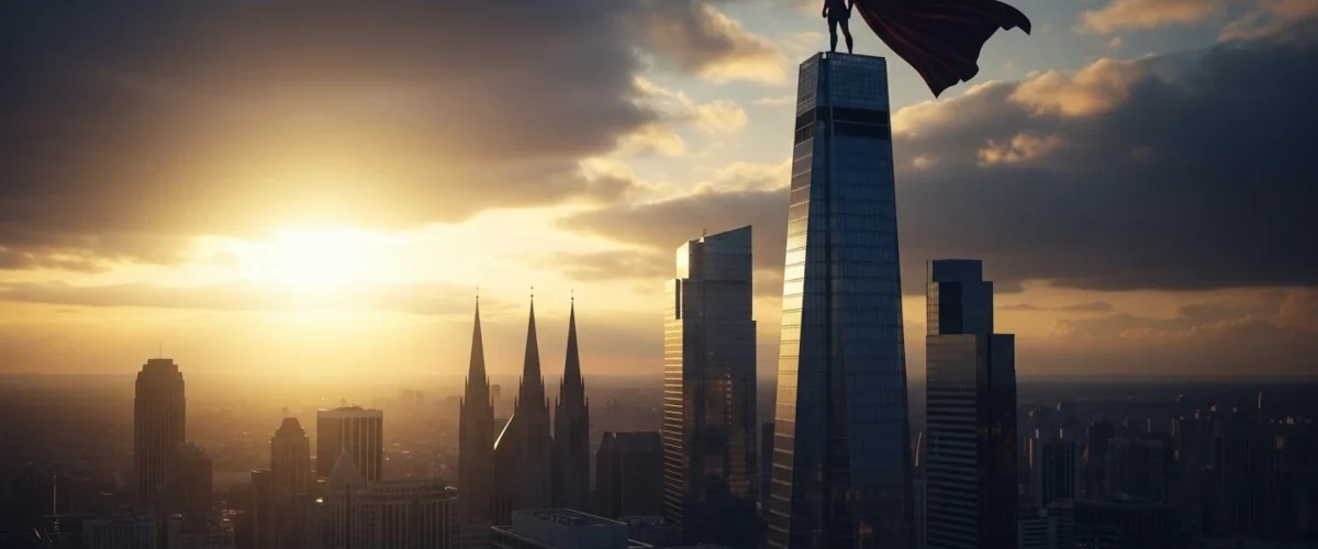 Super-herói em silhueta no topo de um arranha-céu ao pôr do sol representando mitologia moderna na cultura contemporânea