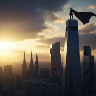 Super-herói em silhueta no topo de um arranha-céu ao pôr do sol representando mitologia moderna na cultura contemporânea