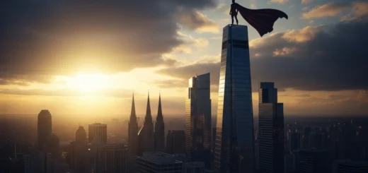 Super-herói em silhueta no topo de um arranha-céu ao pôr do sol representando mitologia moderna na cultura contemporânea