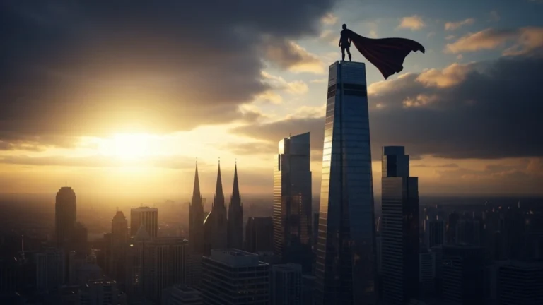 Super-herói em silhueta no topo de um arranha-céu ao pôr do sol representando mitologia moderna na cultura contemporânea