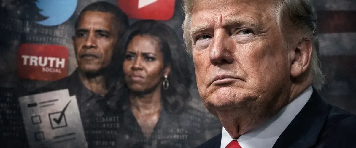 Donald Trump em destaque com símbolos de redes sociais ao fundo e imagens desfocadas de Barack e Michelle Obama, representando polêmica política e racismo visual.