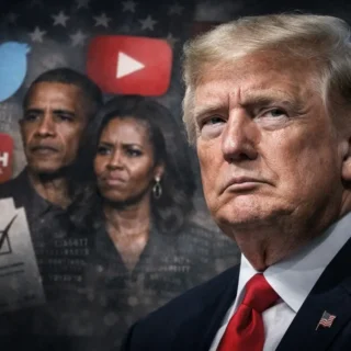 Donald Trump em destaque com símbolos de redes sociais ao fundo e imagens desfocadas de Barack e Michelle Obama, representando polêmica política e racismo visual.