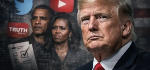 Donald Trump em destaque com símbolos de redes sociais ao fundo e imagens desfocadas de Barack e Michelle Obama, representando polêmica política e racismo visual.