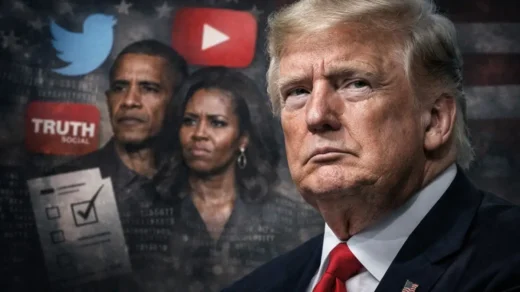 Donald Trump em destaque com símbolos de redes sociais ao fundo e imagens desfocadas de Barack e Michelle Obama, representando polêmica política e racismo visual.