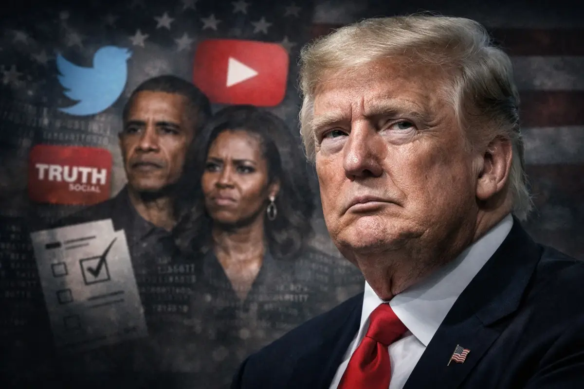O vídeo de Trump 1 Donald Trump em destaque com símbolos de redes sociais ao fundo e imagens desfocadas de Barack e Michelle Obama, representando polêmica política e racismo visual.
