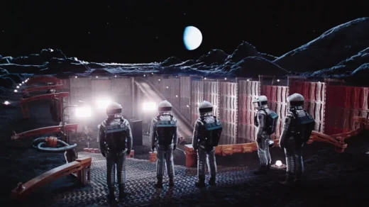 Cena de 2001: Uma Odisseia no Espaço, de Stanley Kubrick, com astronautas em cenário lunar que inspirou teorias sobre a Apollo 11.