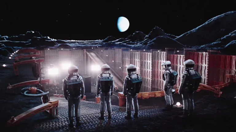 Por Que Acreditamos Que Kubrick Forjou a Lua 4 Cena de 2001: Uma Odisseia no Espaço, de Stanley Kubrick, com astronautas em cenário lunar que inspirou teorias sobre a Apollo 11.