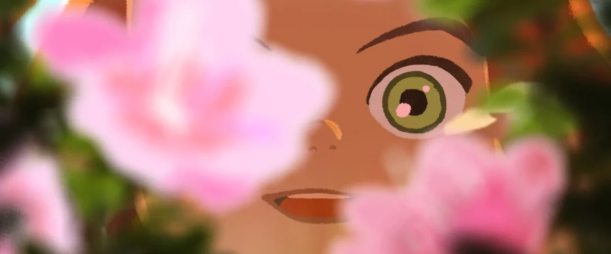 Cena do filme de animação A Pequena Amélie mostrando o olhar da personagem entre flores