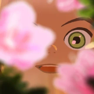 Cena do filme de animação A Pequena Amélie mostrando o olhar da personagem entre flores
