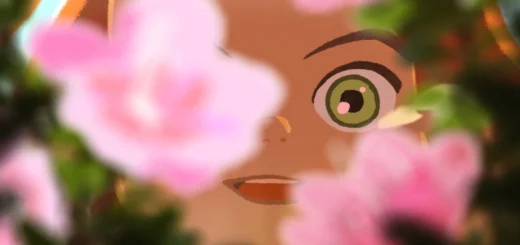 Cena do filme de animação A Pequena Amélie mostrando o olhar da personagem entre flores