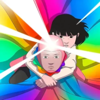 Cena do filme Arco (2025) com Arco e Íris envoltos por um feixe de luz multicolorido simbolizando viagem no tempo.