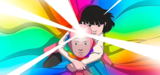 Cena do filme Arco (2025) com Arco e Íris envoltos por um feixe de luz multicolorido simbolizando viagem no tempo.