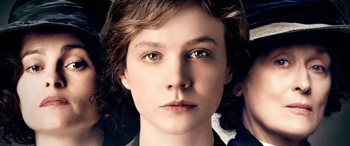 Personagens do filme As Sufragistas (2015) com Carey Mulligan, Helena Bonham Carter e Meryl Streep retratando o movimento sufragista britânico.