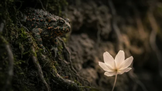Sapo observando uma flor simbolizando o contraste entre aparência e ameaça em Bufo & Spallanzani