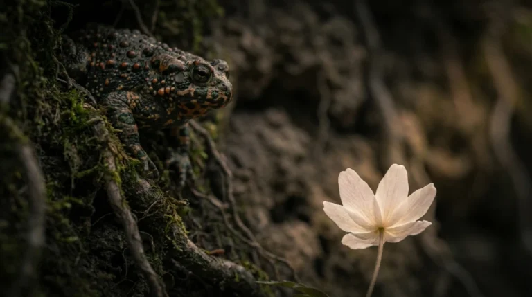Sapo observando uma flor simbolizando o contraste entre aparência e ameaça em Bufo & Spallanzani