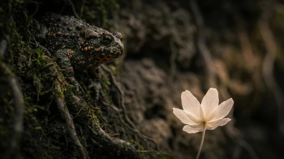Sapo observando uma flor simbolizando o contraste entre aparência e ameaça em Bufo & Spallanzani