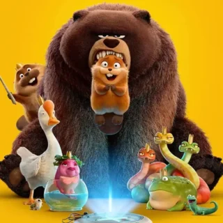 Personagens do filme Cara de Um, Focinho de Outro (2026) da Pixar reunidos diante de um portal tecnológico entre mundos animais