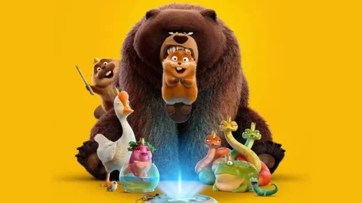 Personagens do filme Cara de Um, Focinho de Outro (2026) da Pixar reunidos diante de um portal tecnológico entre mundos animais