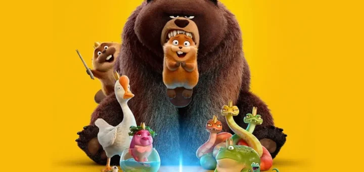 Personagens do filme Cara de Um, Focinho de Outro (2026) da Pixar reunidos diante de um portal tecnológico entre mundos animais