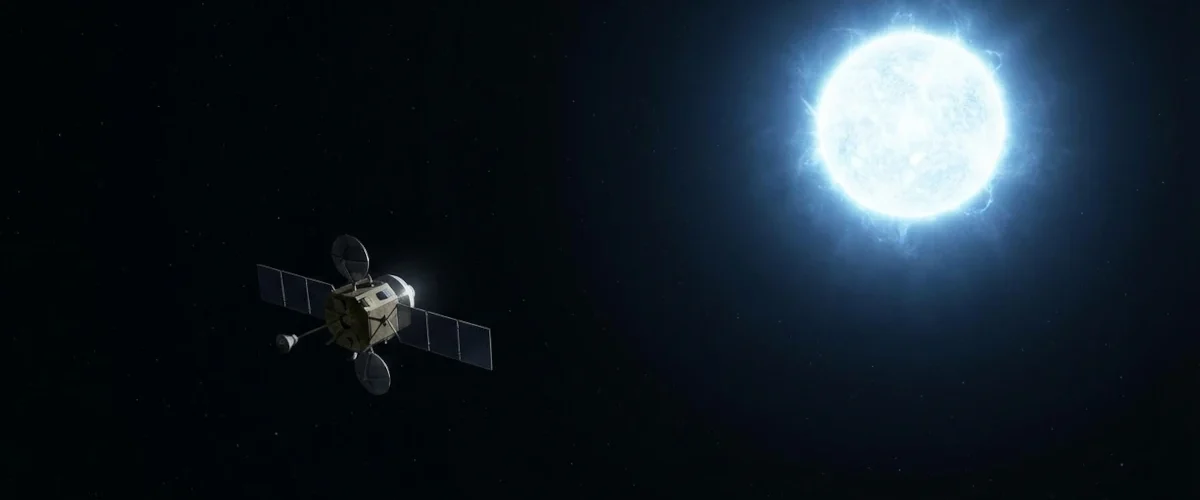 Ilustração de nave espacial solitária próxima a uma estrela, inspirada no romance Devoradores de Estrelas de Andy Weir