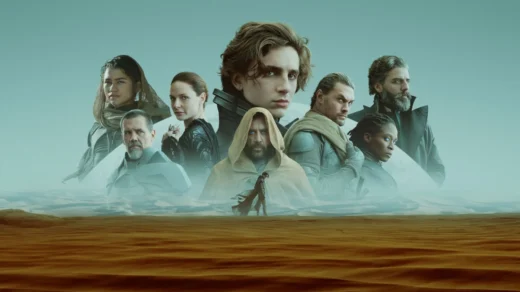 Elenco do filme Duna (2021) em Arrakis com Paul Atreides ao centro representando o mito do herói
