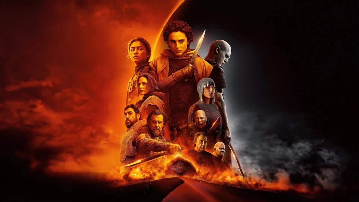 Pôster de Duna: Parte Dois (2024) com Paul Atreides e elenco em Arrakis representando o conflito entre mito, poder e destino