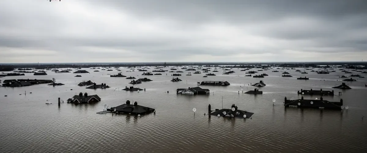 Cidade alagada em Minas Gerais com helicóptero ao fundo, simbolizando desgaste da representação política durante enchentes