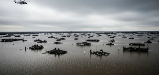 Cidade alagada em Minas Gerais com helicóptero ao fundo, simbolizando desgaste da representação política durante enchentes
