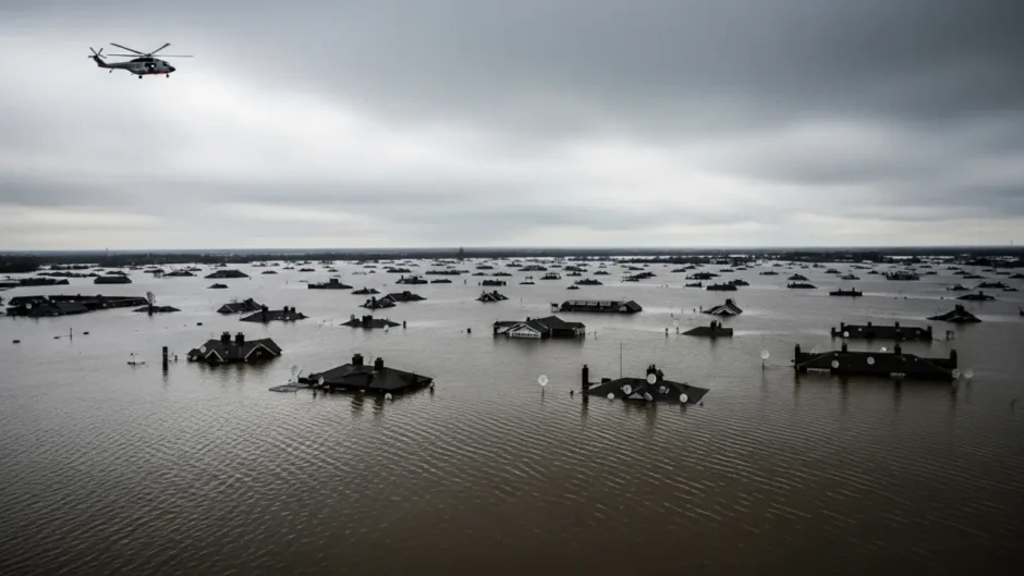 Cidade alagada em Minas Gerais com helicóptero ao fundo, simbolizando desgaste da representação política durante enchentes