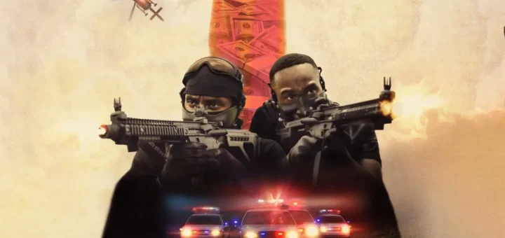 Cena de ação do filme Hierarquia do Crime com dois homens armados e perseguição policial