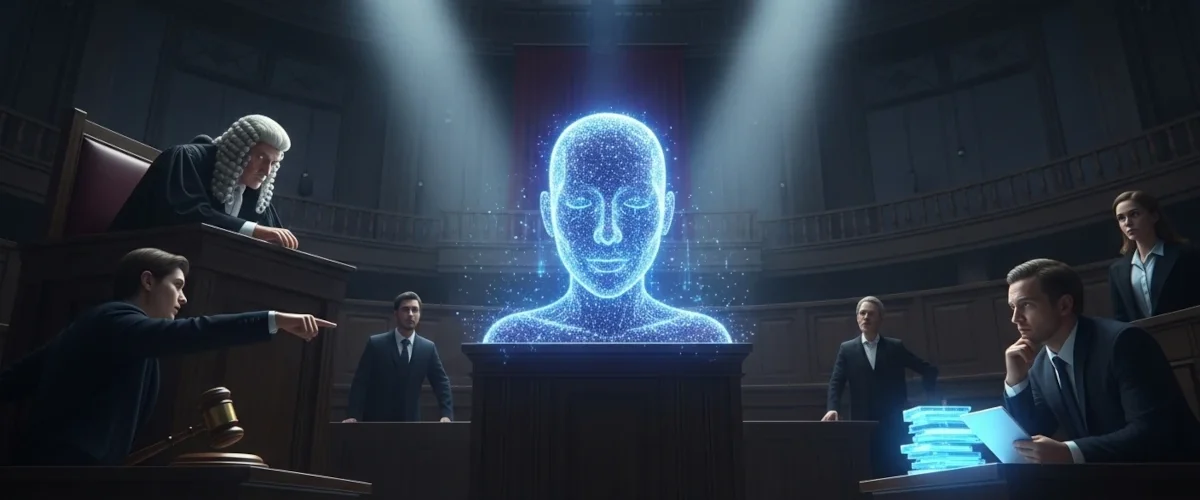 inteligência artificial sendo interrogada em um tribunal sobre verdade e confiabilidade