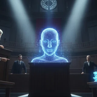 inteligência artificial sendo interrogada em um tribunal sobre verdade e confiabilidade