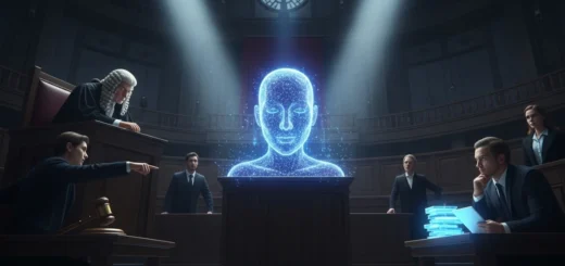 inteligência artificial sendo interrogada em um tribunal sobre verdade e confiabilidade