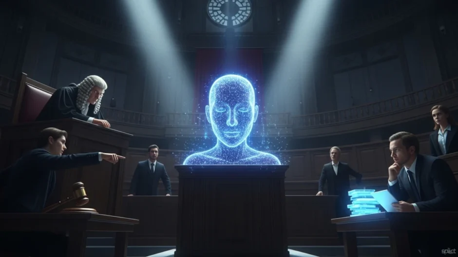 inteligência artificial sendo interrogada em um tribunal sobre verdade e confiabilidade