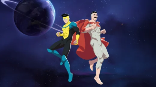 Invencível e Omni-Man flutuando no espaço com a Terra ao fundo na série animada Invencível (2021)