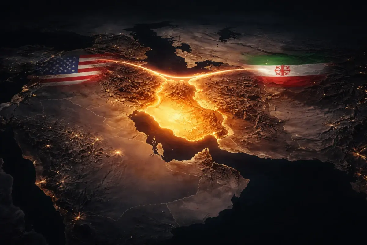 Representação visual do Iraque como centro da disputa indireta entre Irã e Estados Unidos