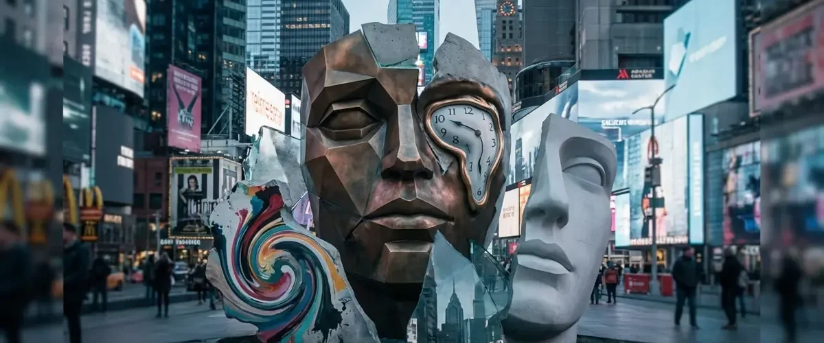 Rosto humano fragmentado com elementos de cubismo, surrealismo e arte moderna em uma cidade contemporânea, representando a influência dos movimentos artísticos na cultura atual