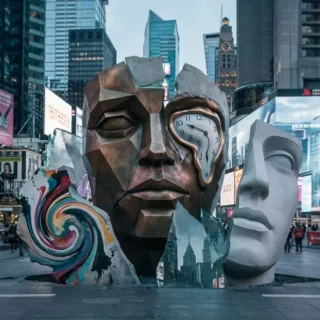 Rosto humano fragmentado com elementos de cubismo, surrealismo e arte moderna em uma cidade contemporânea, representando a influência dos movimentos artísticos na cultura atual