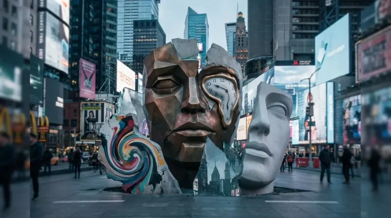Rosto humano fragmentado com elementos de cubismo, surrealismo e arte moderna em uma cidade contemporânea, representando a influência dos movimentos artísticos na cultura atual
