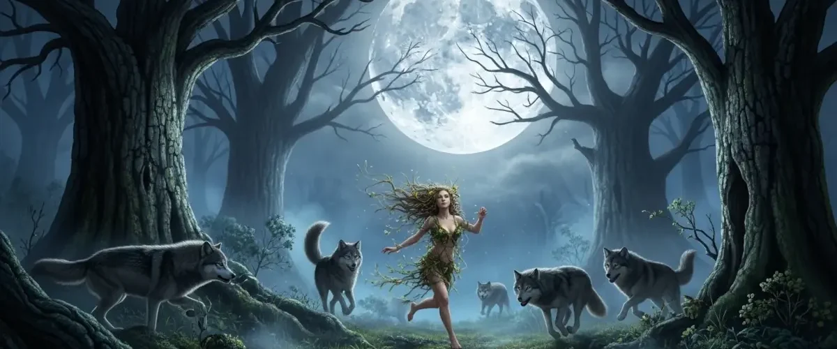 Mulher correndo com lobos em uma floresta sob a lua cheia, representação do arquétipo feminino em Mulheres que Correm com os Lobos