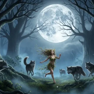 Mulher correndo com lobos em uma floresta sob a lua cheia, representação do arquétipo feminino em Mulheres que Correm com os Lobos